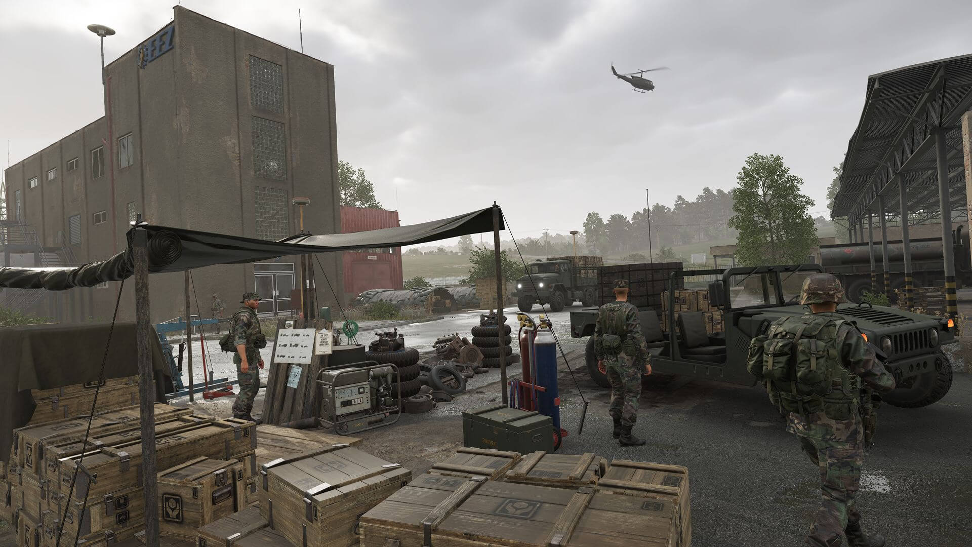 Arma Reforger military base camp with barracks