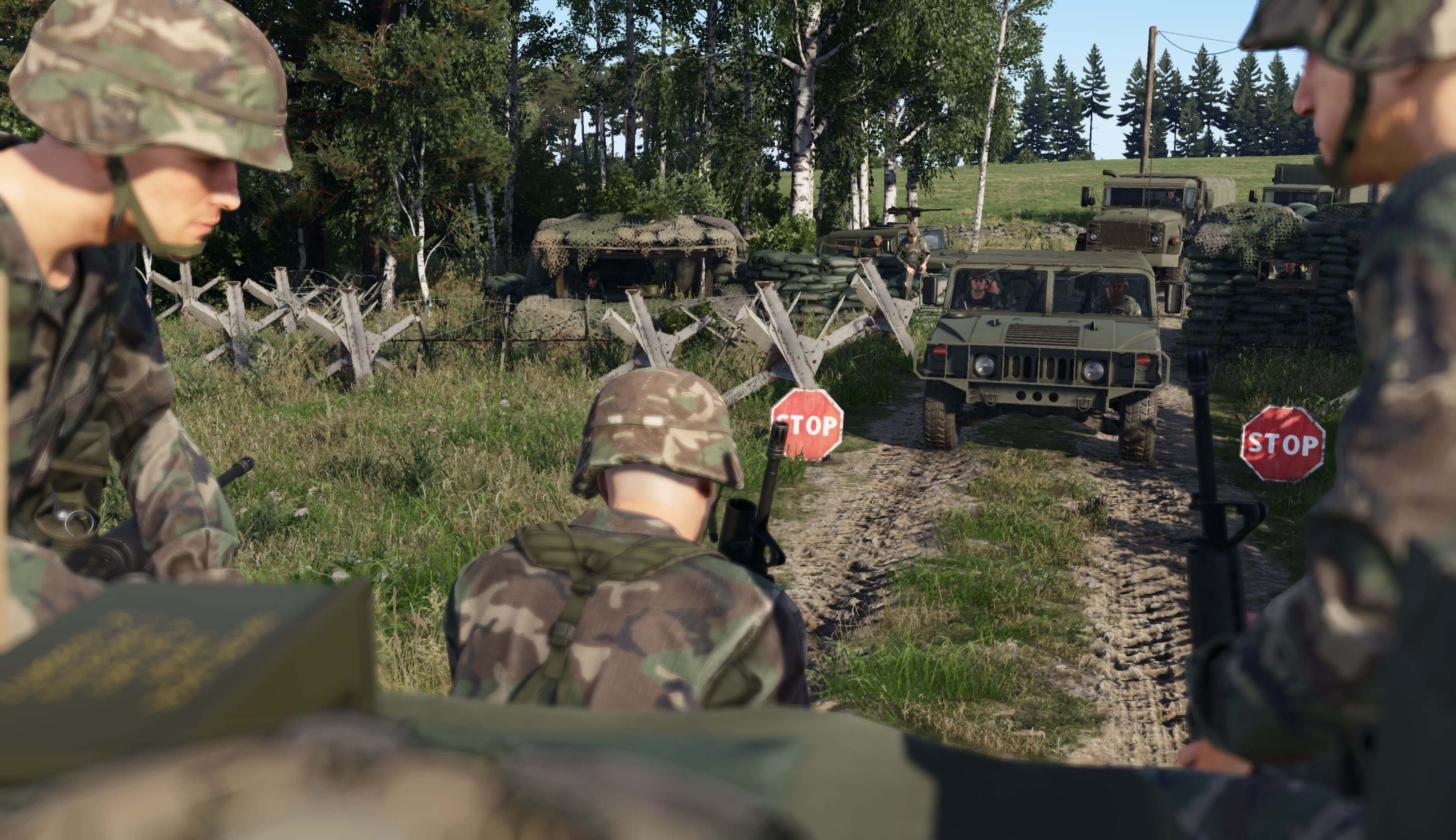 Arma Reforger military checkpoint with vehicles and personnel