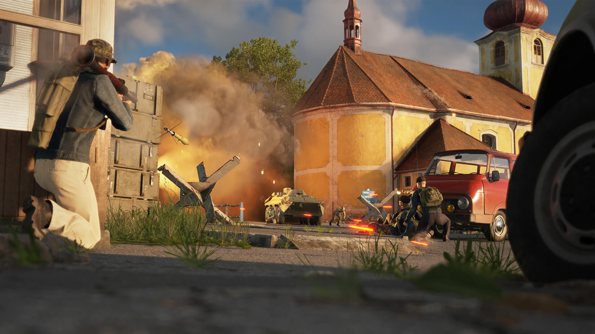 Arma Reforger infantry squad advancing through open terrain