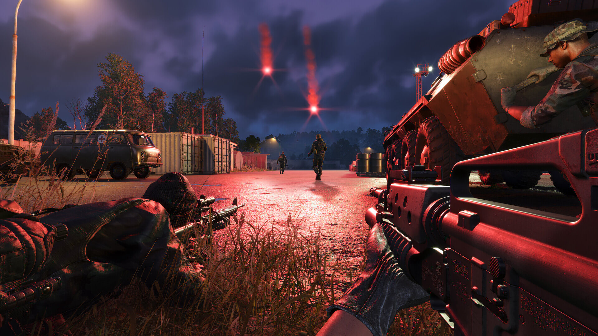 Arma Reforger combat scene with soldiers taking positions during sunset
